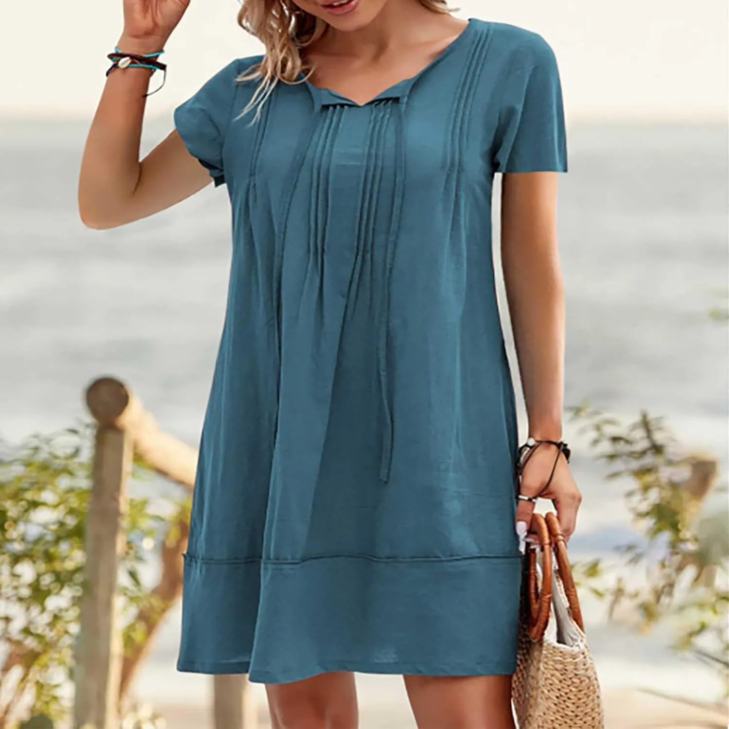 hlysgo Beach Dresses for Women 2025 Vacation Short Sleeve V Neck Mini Dress Summer Loose Comfy Cotton Linen Pleated Dress