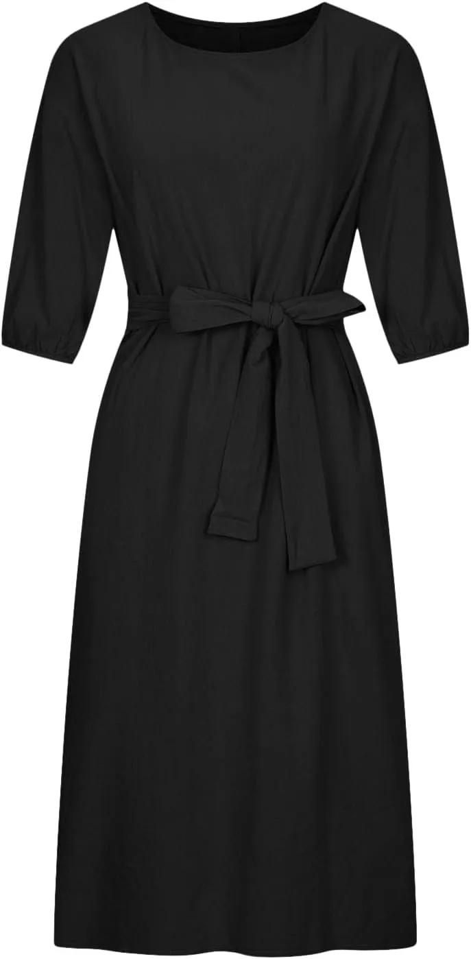 hlysgo Holiday Dresses for Women 2025 Plus Size Half Sleeve Crew Neck Midi Dress Summer Tie-Belt Cotton Linen Casual Dress