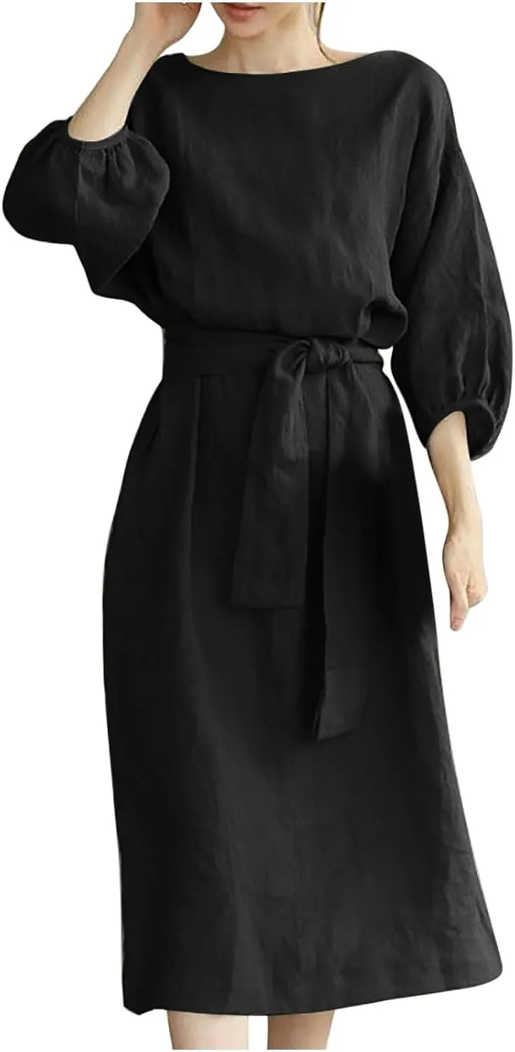 hlysgo Holiday Dresses for Women 2025 Plus Size Half Sleeve Crew Neck Midi Dress Summer Tie-Belt Cotton Linen Casual Dress