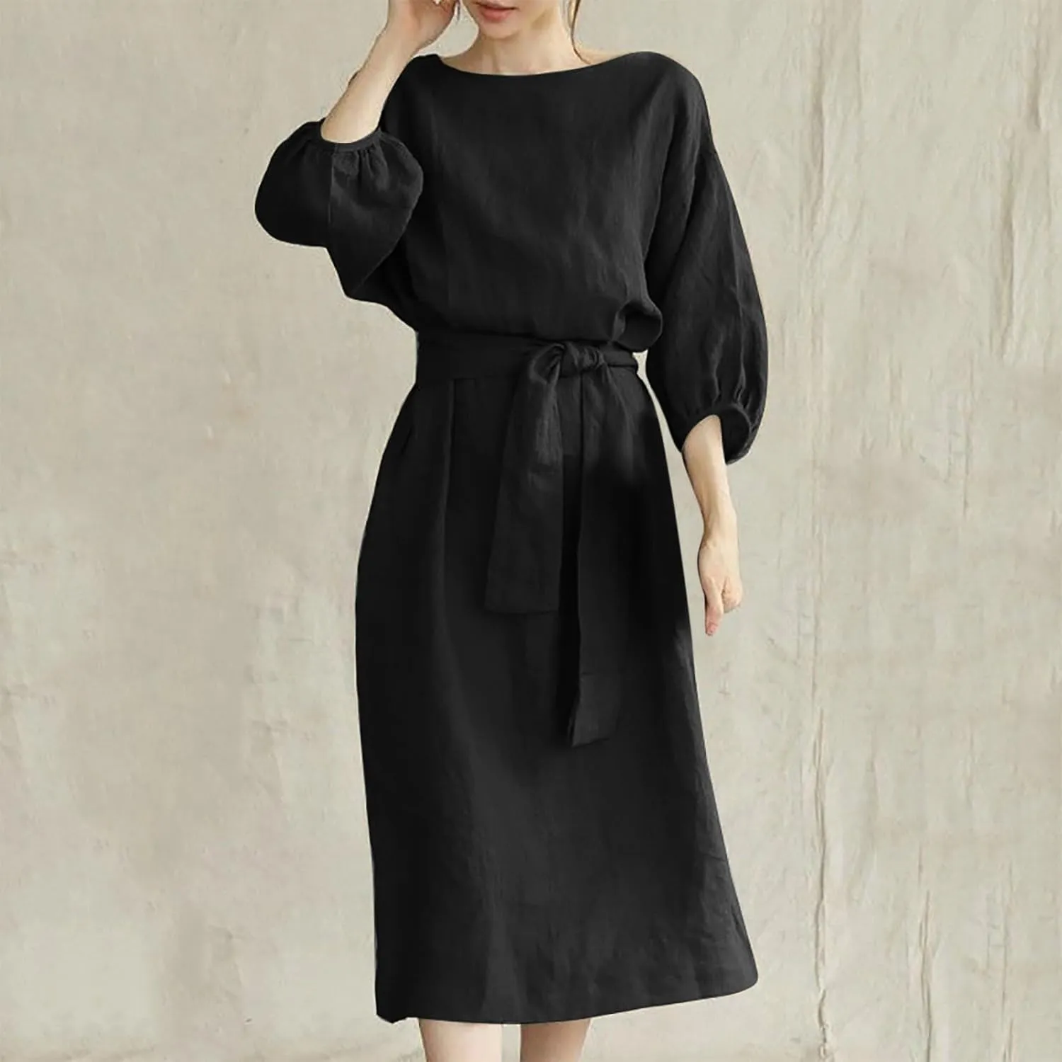 hlysgo Holiday Dresses for Women 2025 Plus Size Half Sleeve Crew Neck Midi Dress Summer Tie-Belt Cotton Linen Casual Dress