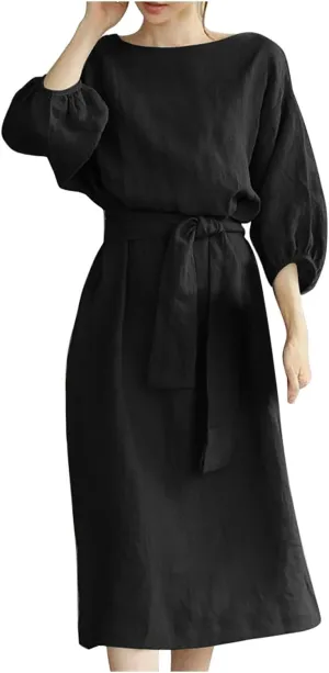 hlysgo Holiday Dresses for Women 2025 Plus Size Half Sleeve Crew Neck Midi Dress Summer Tie-Belt Cotton Linen Casual Dress