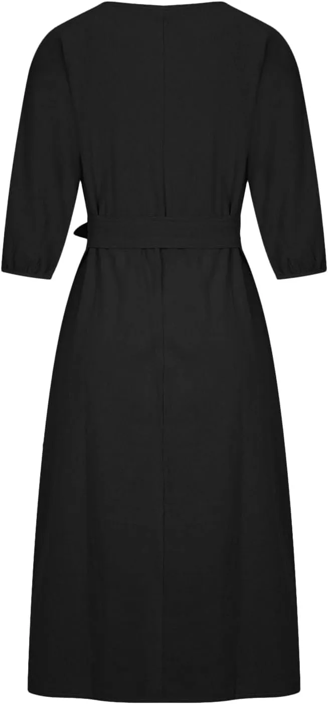 hlysgo Holiday Dresses for Women 2025 Plus Size Half Sleeve Crew Neck Midi Dress Summer Tie-Belt Cotton Linen Casual Dress
