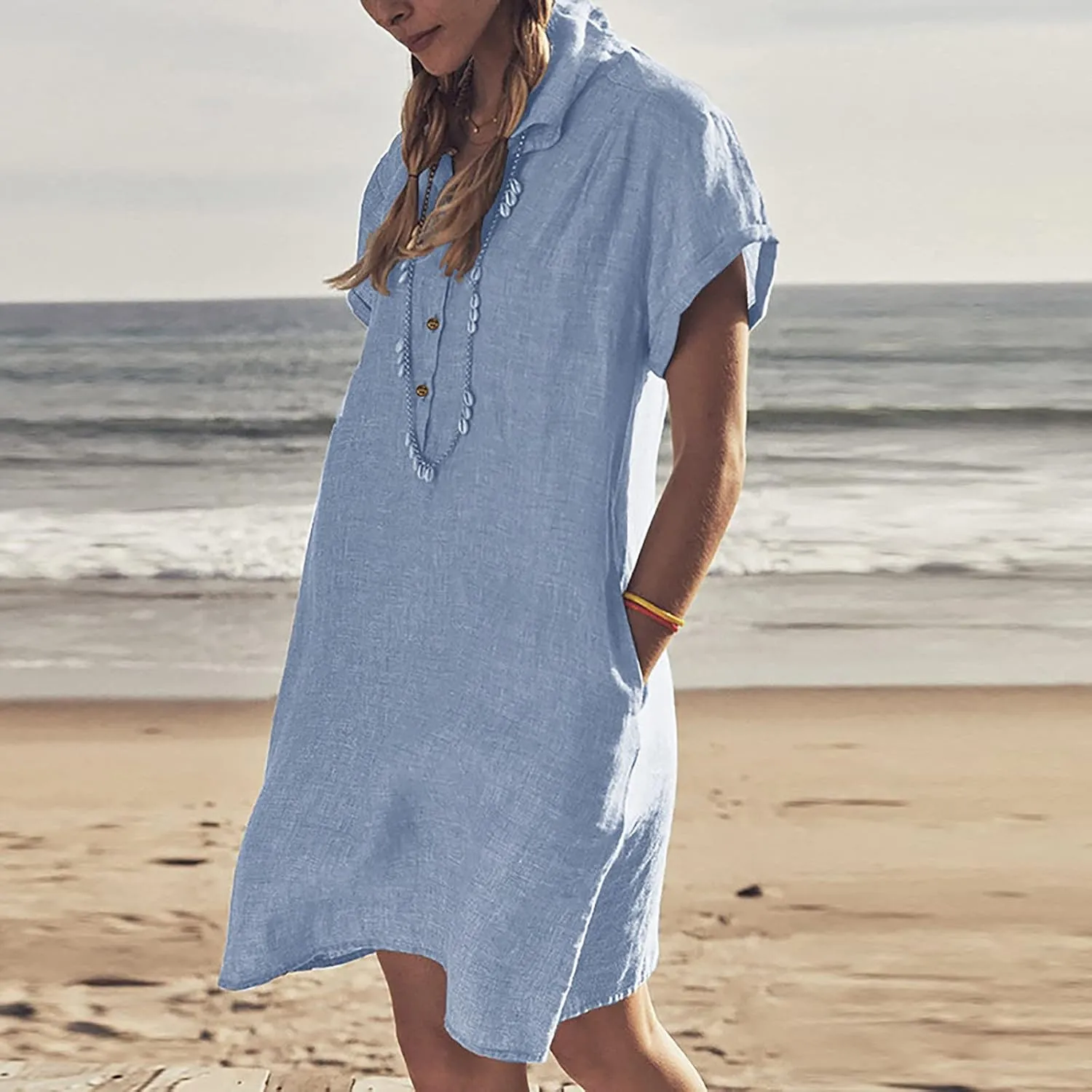 hlysgo Tshirt Dresses for Women with Pockets 2025 Summer Short Sleeve Mini Dress Casual Loose Comfy Cotton Linen Beach Dress