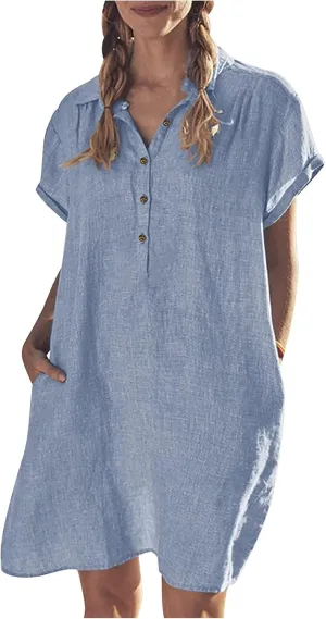 hlysgo Tshirt Dresses for Women with Pockets 2025 Summer Short Sleeve Mini Dress Casual Loose Comfy Cotton Linen Beach Dress