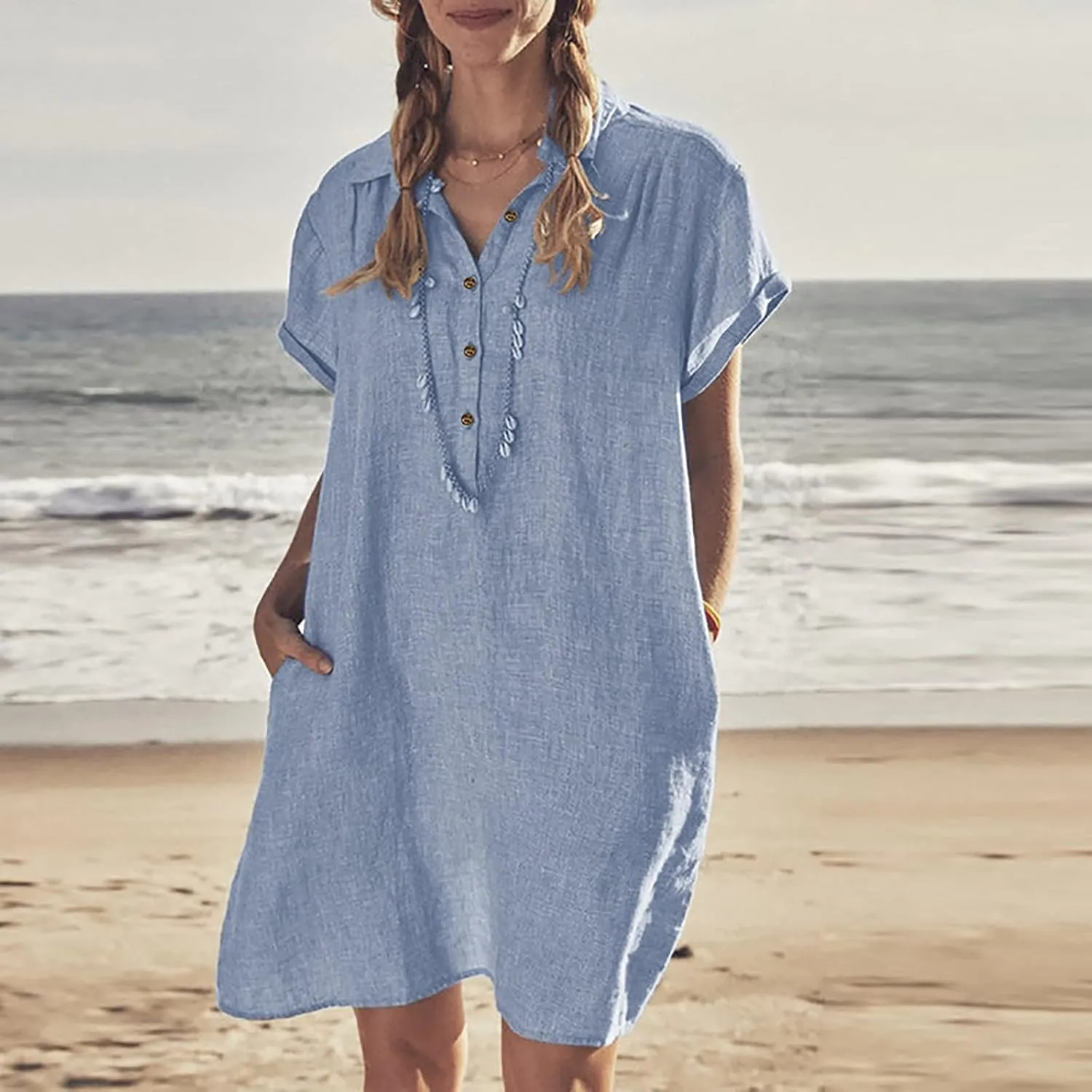 hlysgo Tshirt Dresses for Women with Pockets 2025 Summer Short Sleeve Mini Dress Casual Loose Comfy Cotton Linen Beach Dress