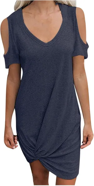 hlysgo Vacation Dress for Women Summer Cold Shoulder Short Sleeve V Neck Mini Dresses Casual Loose Twist Hem Going Out Dress