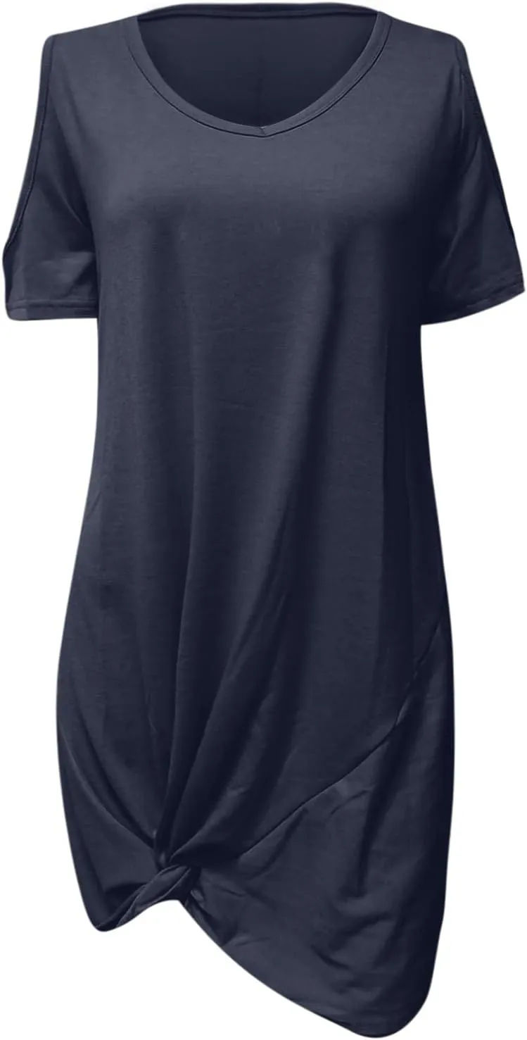 hlysgo Vacation Dress for Women Summer Cold Shoulder Short Sleeve V Neck Mini Dresses Casual Loose Twist Hem Going Out Dress