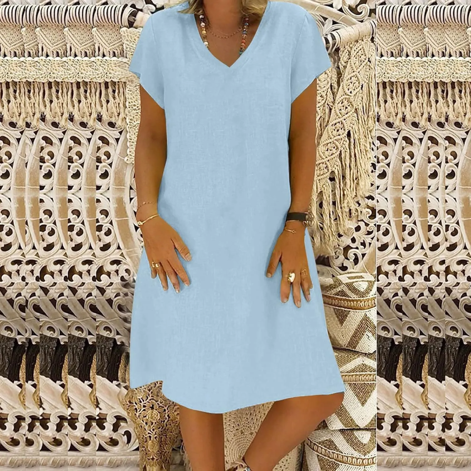 hlysgo Womens Cotton Linen Dress Casual Loose Fit Short Sleeve V Neck Mini Dress Summer Knee Length Beach Dress for Ladies