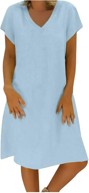 hlysgo Womens Cotton Linen Dress Casual Loose Fit Short Sleeve V Neck Mini Dress Summer Knee Length Beach Dress for Ladies