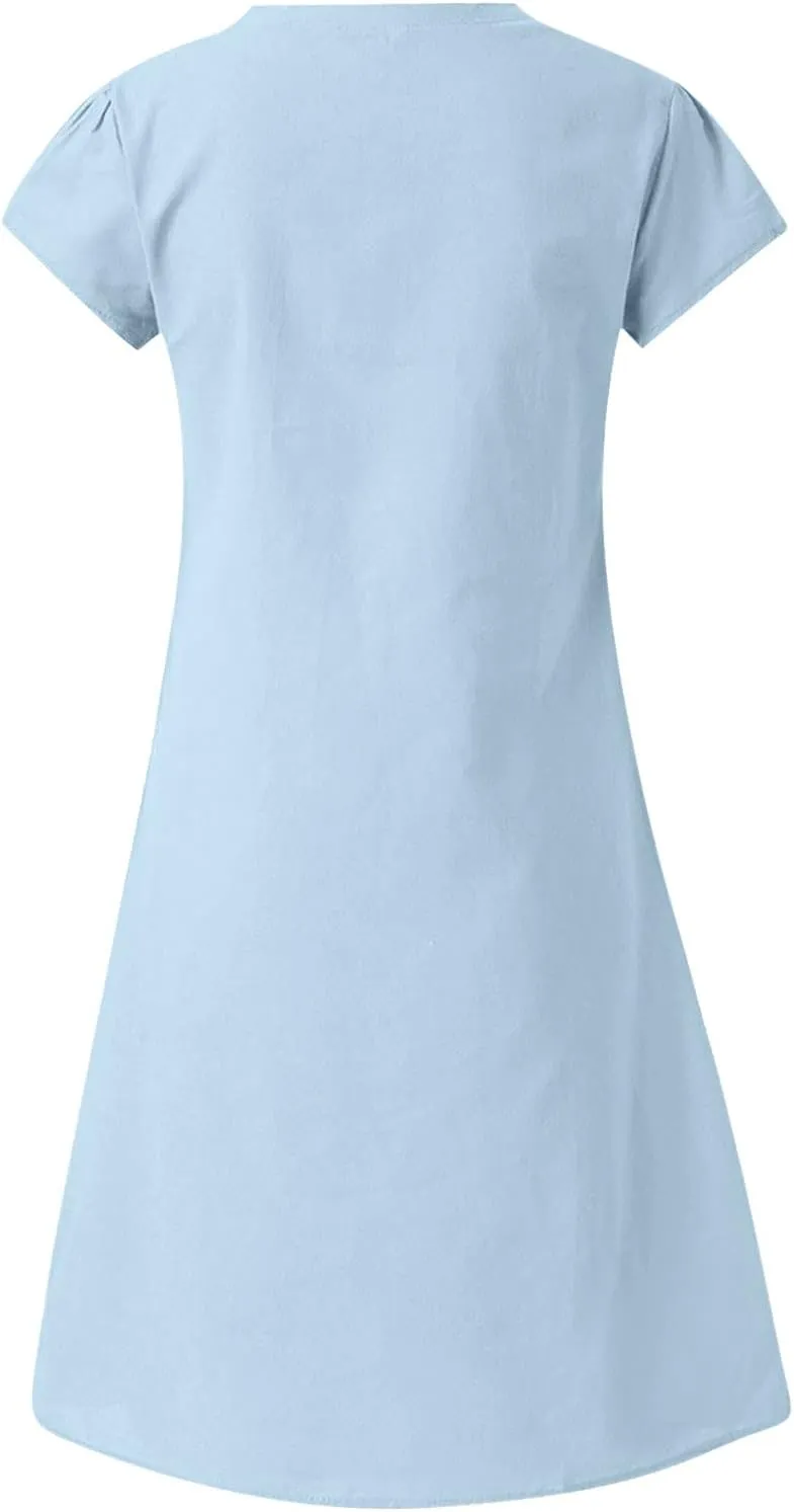 hlysgo Womens Cotton Linen Dress Casual Loose Fit Short Sleeve V Neck Mini Dress Summer Knee Length Beach Dress for Ladies