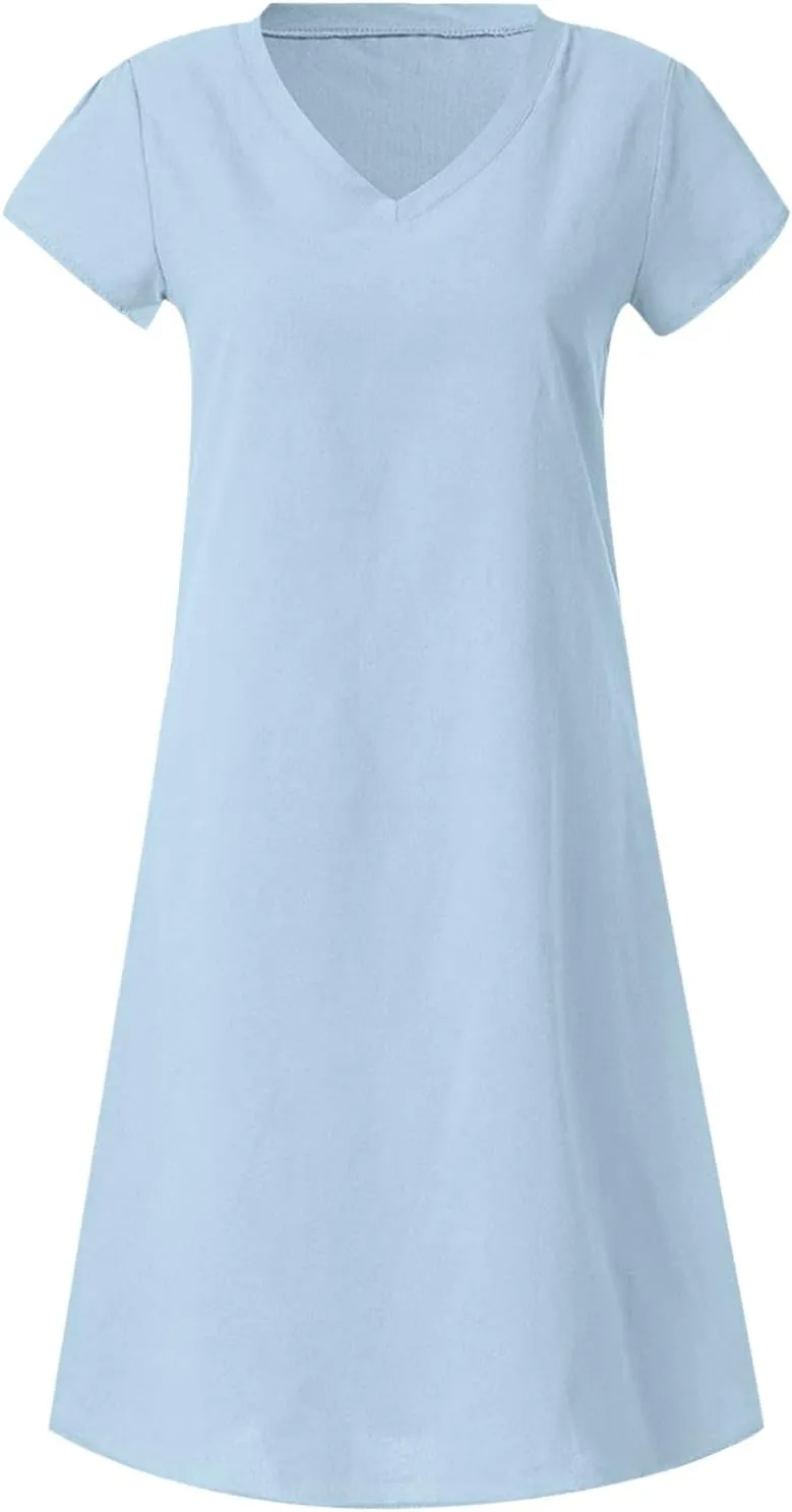 hlysgo Womens Cotton Linen Dress Casual Loose Fit Short Sleeve V Neck Mini Dress Summer Knee Length Beach Dress for Ladies