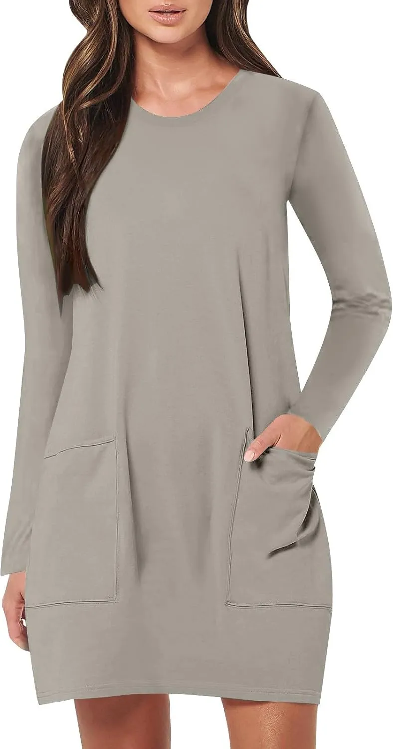 hlysgo Womens Mini Dress Summer Long Sleeve Crew Neck Casual Dresses Trendy Loose Comfy Knee Length Dress with Pockets