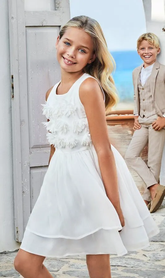 IVORY Girls Elegant Dress with 3D Floral Embellishments