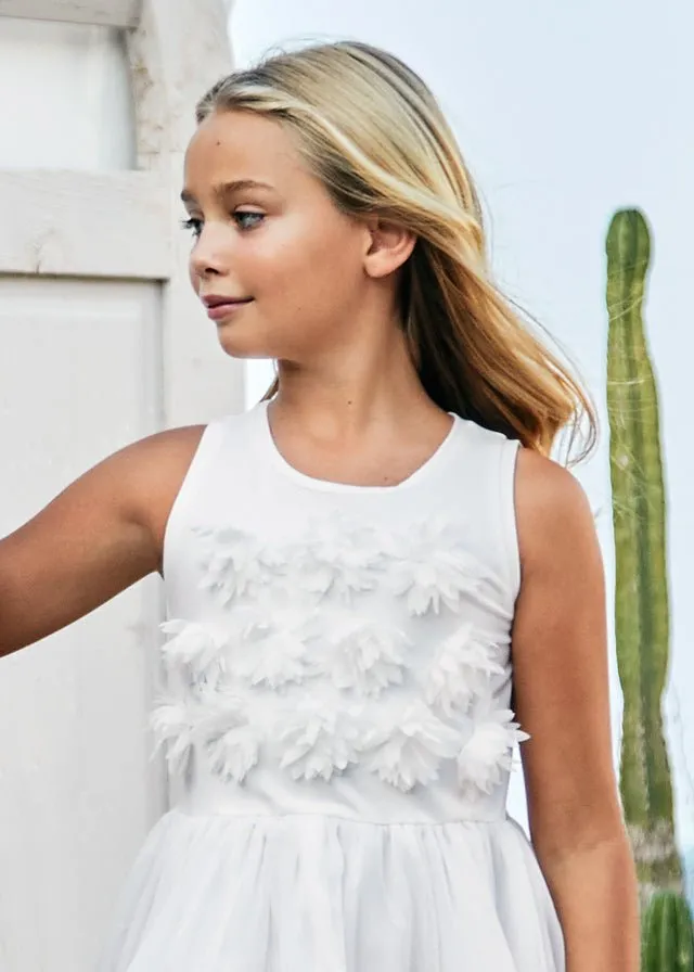 IVORY Girls Elegant Dress with 3D Floral Embellishments