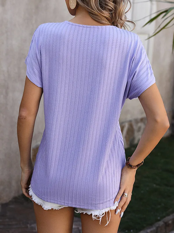 Jacquard Solid Color Loose Short Sleeves V-Neck T-Shirts Tops