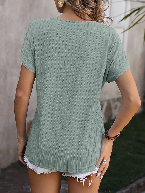 Jacquard Solid Color Loose Short Sleeves V-Neck T-Shirts Tops