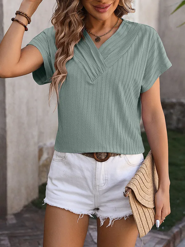 Jacquard Solid Color Loose Short Sleeves V-Neck T-Shirts Tops