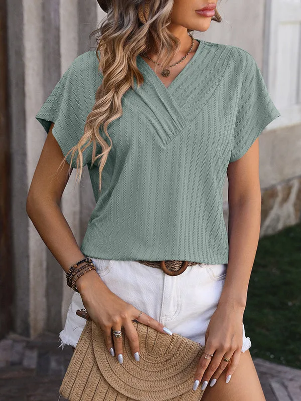 Jacquard Solid Color Loose Short Sleeves V-Neck T-Shirts Tops