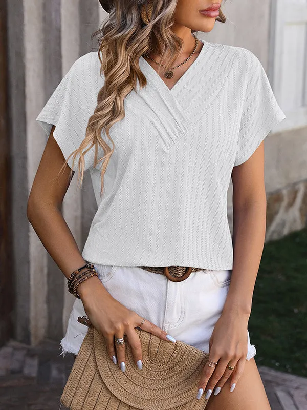 Jacquard Solid Color Loose Short Sleeves V-Neck T-Shirts Tops