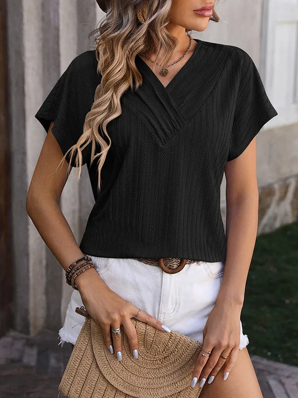 Jacquard Solid Color Loose Short Sleeves V-Neck T-Shirts Tops