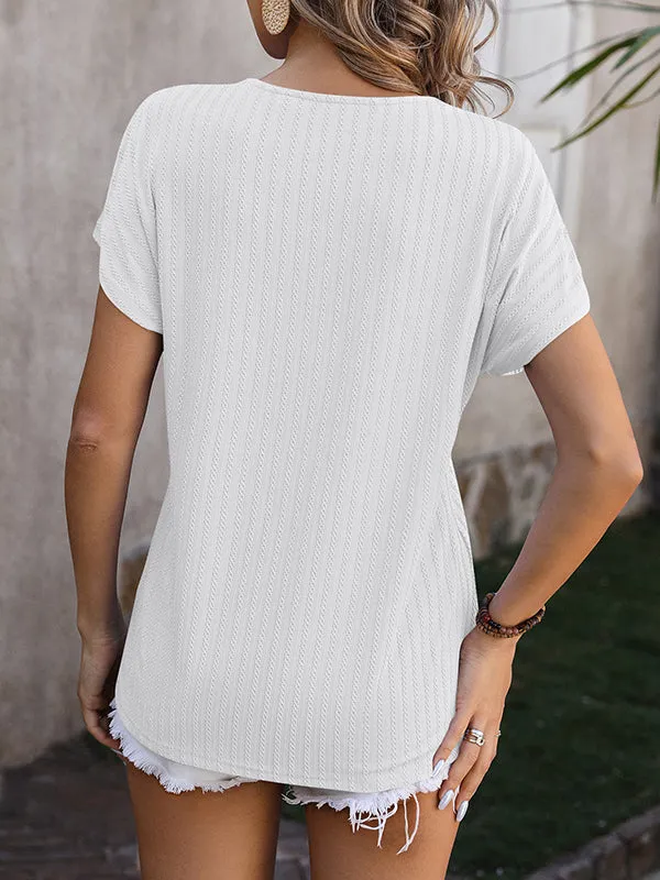 Jacquard Solid Color Loose Short Sleeves V-Neck T-Shirts Tops