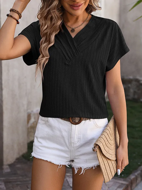 Jacquard Solid Color Loose Short Sleeves V-Neck T-Shirts Tops