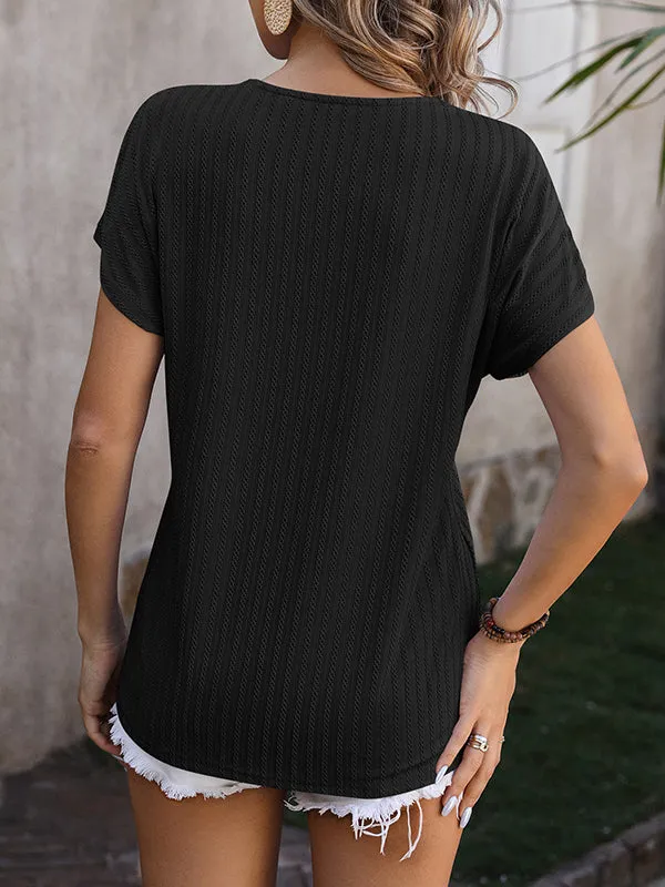 Jacquard Solid Color Loose Short Sleeves V-Neck T-Shirts Tops
