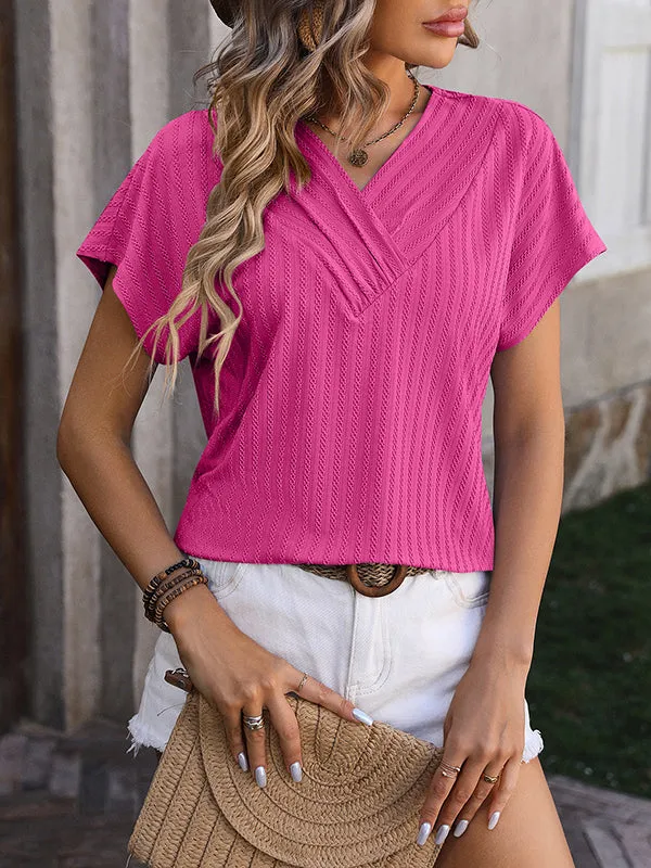 Jacquard Solid Color Loose Short Sleeves V-Neck T-Shirts Tops
