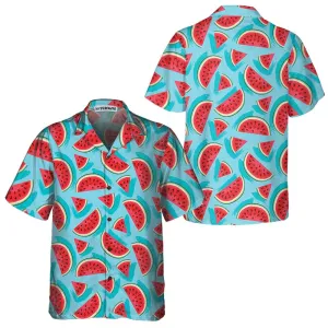 Juicy Watermelon Seamless Pattern Hawaiian Shirt, Blue Watermelon Print Shirt For Men & Women
