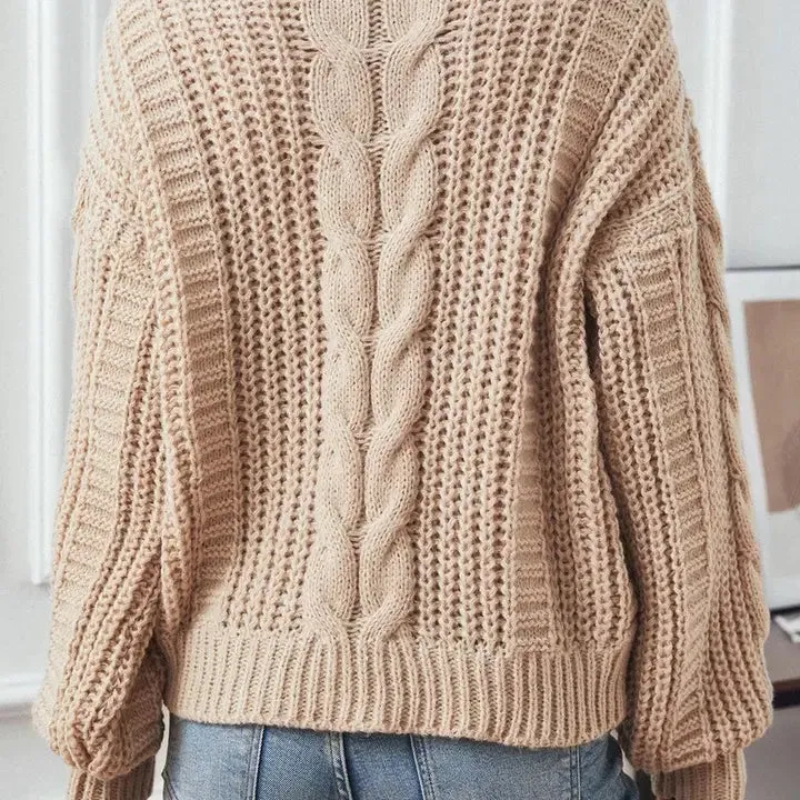 Kenna Cable Lantern Sleeve Twist Knit Sweater - Khaki