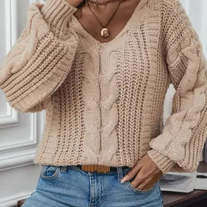 Kenna Cable Lantern Sleeve Twist Knit Sweater - Khaki
