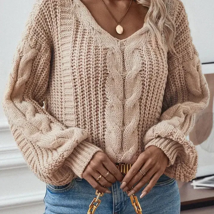 Kenna Cable Lantern Sleeve Twist Knit Sweater - Khaki