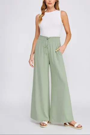 Kristina Soft Linen Smoked Waist Wide Leg Pant
