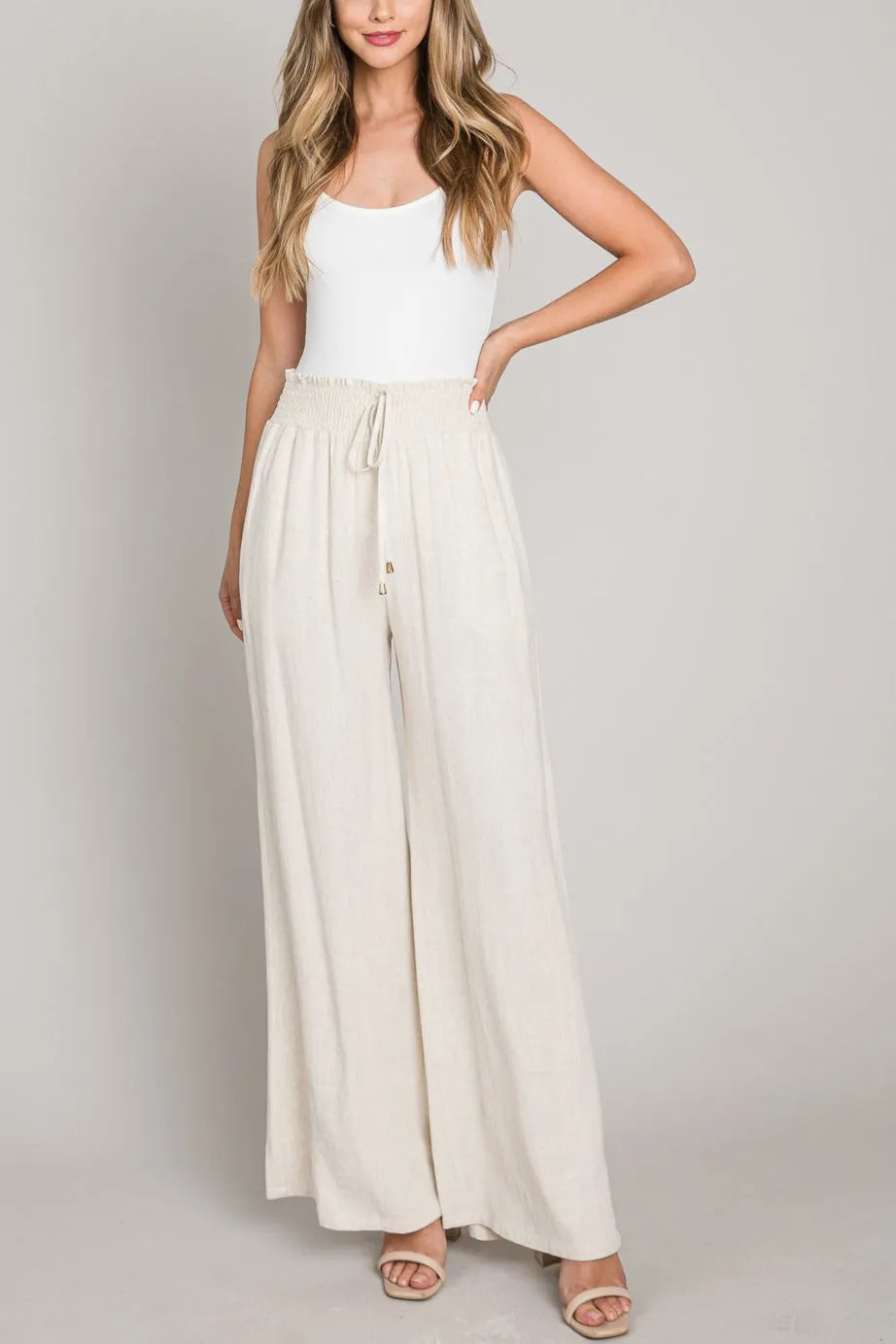 Kristina Soft Linen Smoked Waist Wide Leg Pant