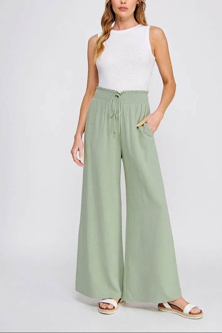 Kristina Soft Linen Smoked Waist Wide Leg Pant