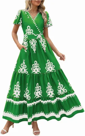 Long Dresses for Women Casual Summer 2025 Boho Floral Vacation Maxi Dress Short Sleeve Pleated Flowy Vintage Dress