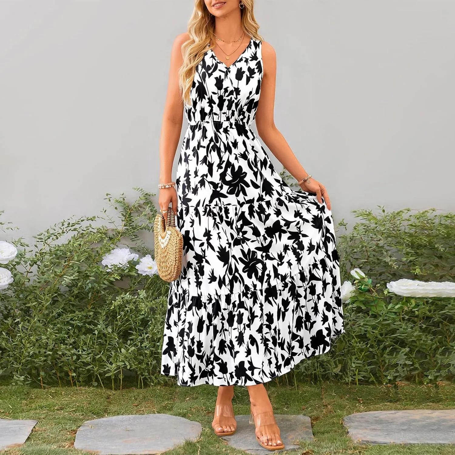 Long Dresses for Women Summer Flowy Dresses Sleeveless Sundresses Beach Aline Dresses 2025 Formal V Neck Wedding Dress