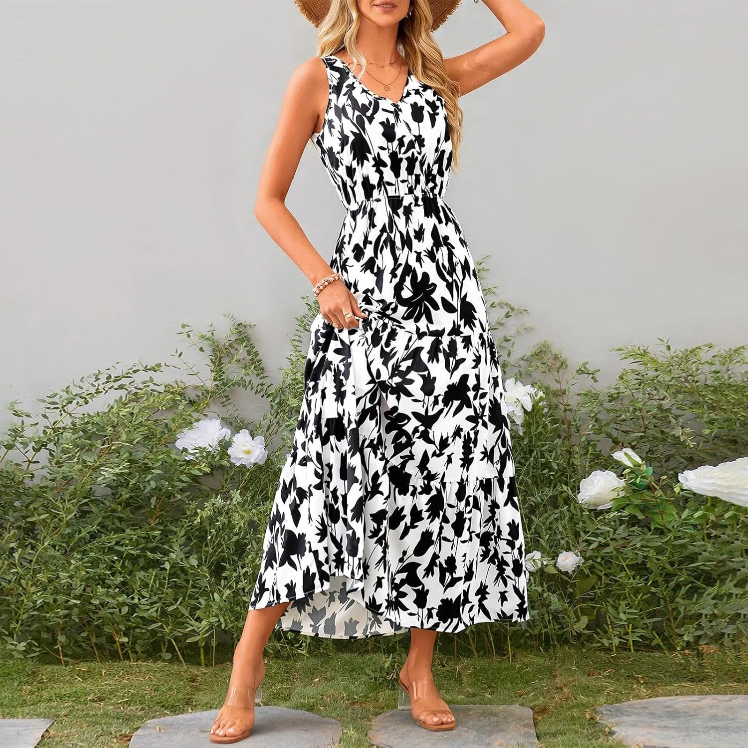 Long Dresses for Women Summer Flowy Dresses Sleeveless Sundresses Beach Aline Dresses 2025 Formal V Neck Wedding Dress