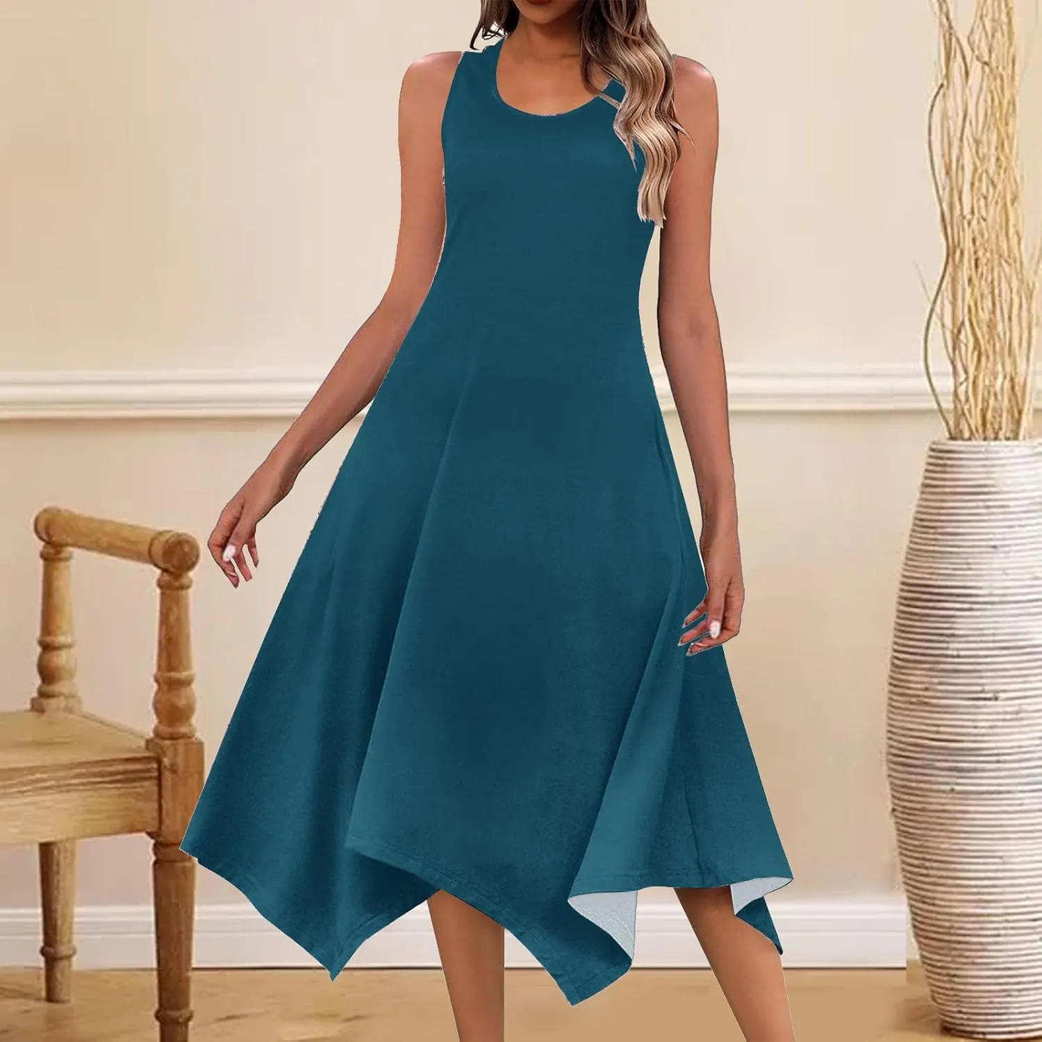 Long Summer Dresses for Women 2024 Casual Plus Size Irregular Hankerchief Hem Maxi Dress Tank Dresses with Pockets