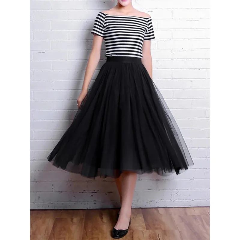 LVSANW Vintage Tulle Skirt Women Streetwear Elastic High Waist Mesh Pleated Skirts Summer Elegant Korean A Line Office Ladies Skirt New