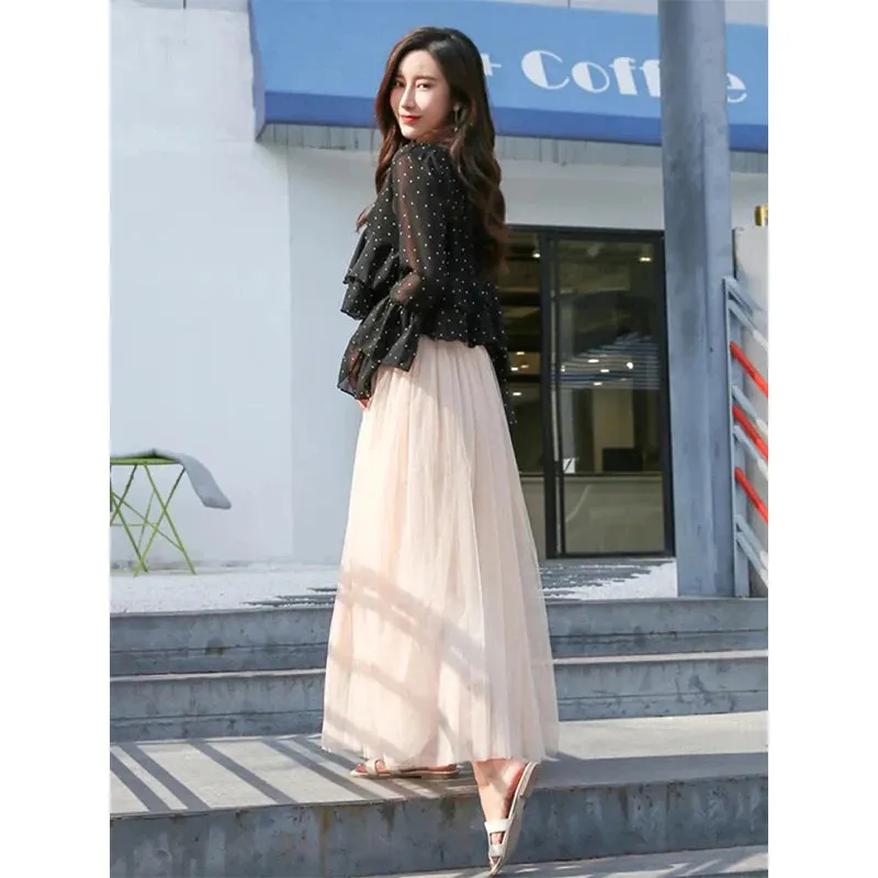 LVSANW Vintage Tulle Skirt Women Streetwear Elastic High Waist Mesh Pleated Skirts Summer Elegant Korean A Line Office Ladies Skirt New