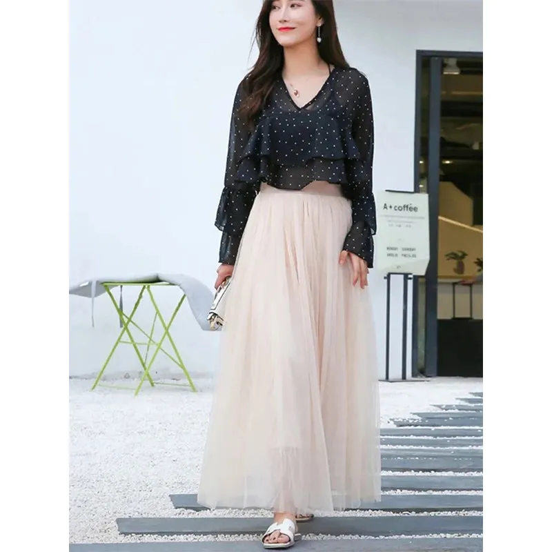 LVSANW Vintage Tulle Skirt Women Streetwear Elastic High Waist Mesh Pleated Skirts Summer Elegant Korean A Line Office Ladies Skirt New