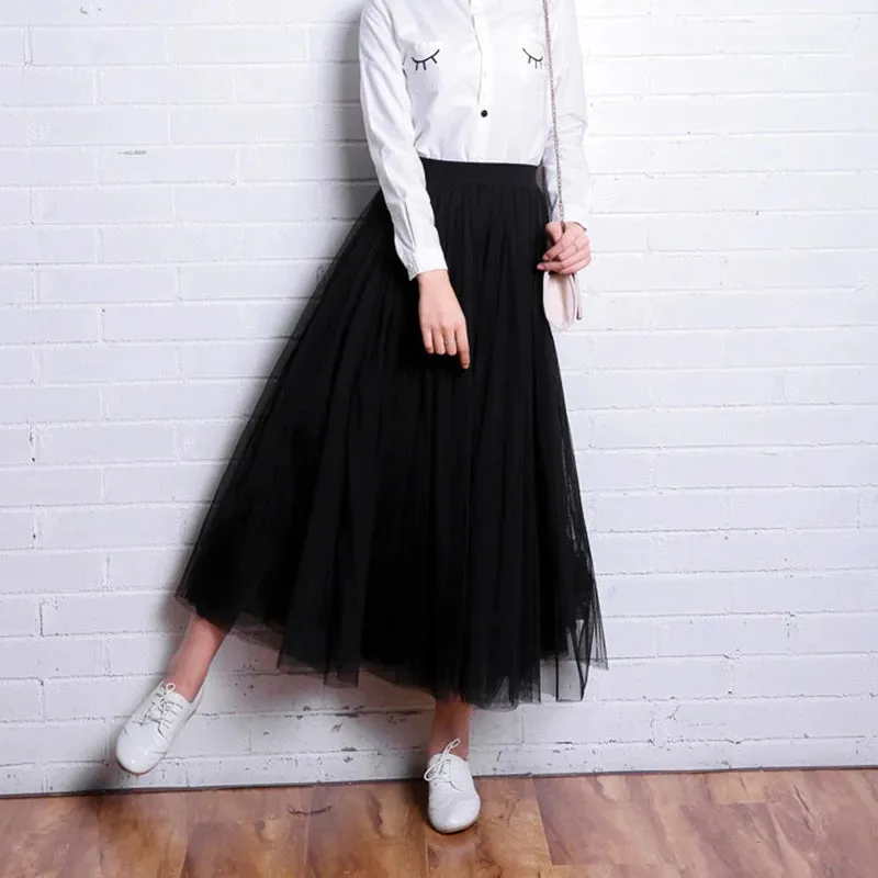 LVSANW Vintage Tulle Skirt Women Streetwear Elastic High Waist Mesh Pleated Skirts Summer Elegant Korean A Line Office Ladies Skirt New