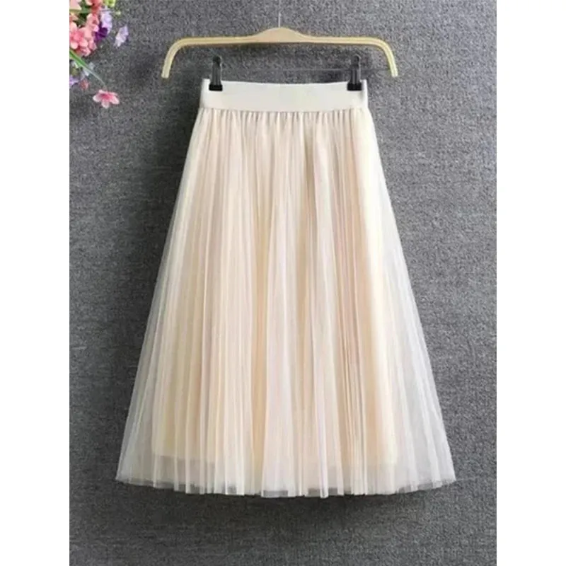 LVSANW Vintage Tulle Skirt Women Streetwear Elastic High Waist Mesh Pleated Skirts Summer Elegant Korean A Line Office Ladies Skirt New