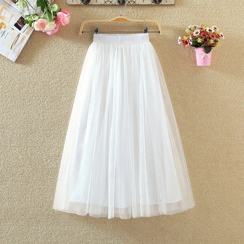 LVSANW Vintage Tulle Skirt Women Streetwear Elastic High Waist Mesh Pleated Skirts Summer Elegant Korean A Line Office Ladies Skirt New