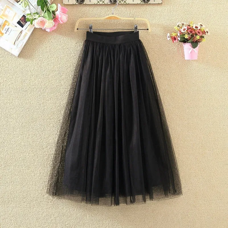 LVSANW Vintage Tulle Skirt Women Streetwear Elastic High Waist Mesh Pleated Skirts Summer Elegant Korean A Line Office Ladies Skirt New