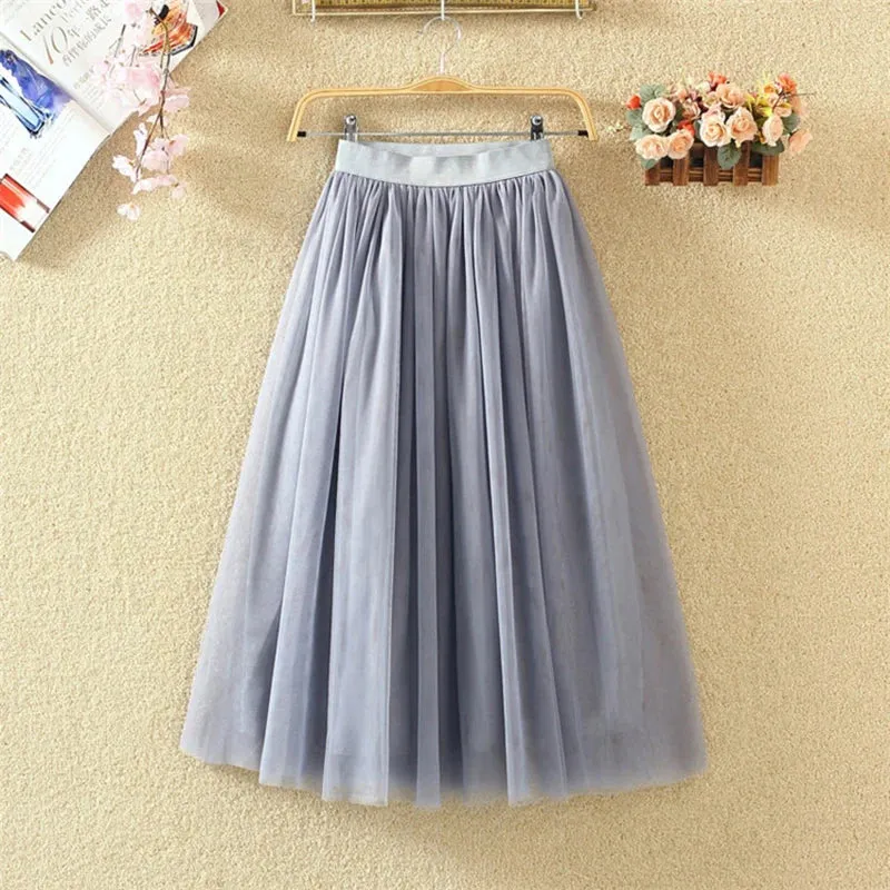 LVSANW Vintage Tulle Skirt Women Streetwear Elastic High Waist Mesh Pleated Skirts Summer Elegant Korean A Line Office Ladies Skirt New