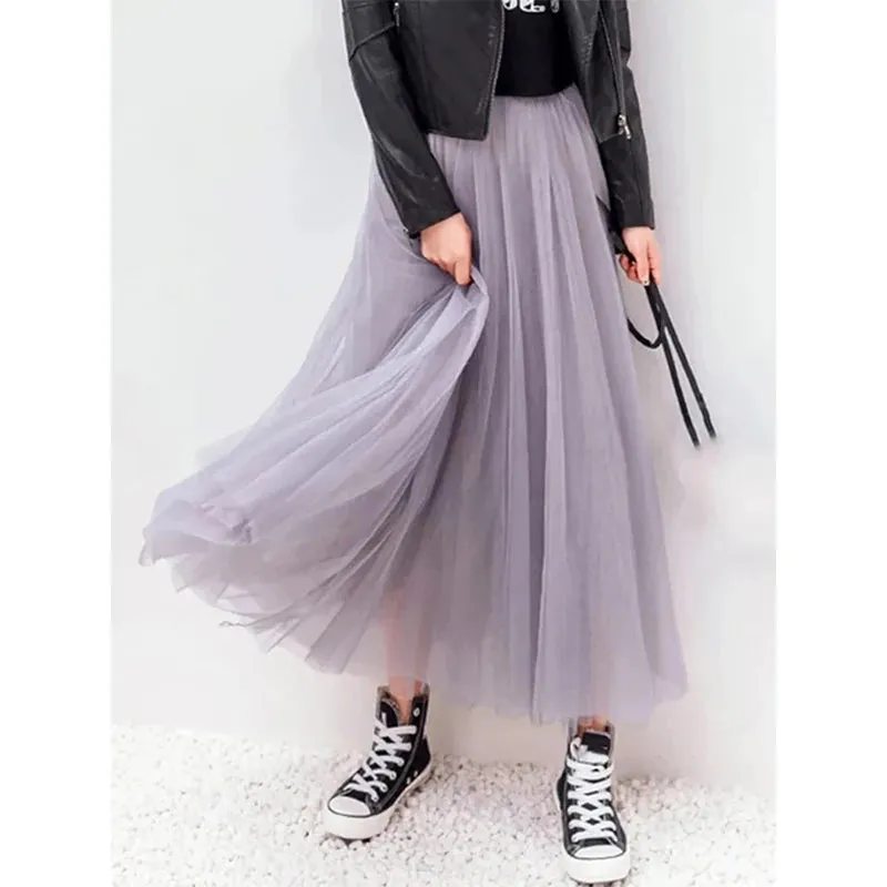 LVSANW Vintage Tulle Skirt Women Streetwear Elastic High Waist Mesh Pleated Skirts Summer Elegant Korean A Line Office Ladies Skirt New