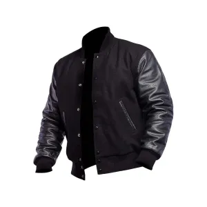 Men's Baseball Leather Sleeve Black Varsity Jacket