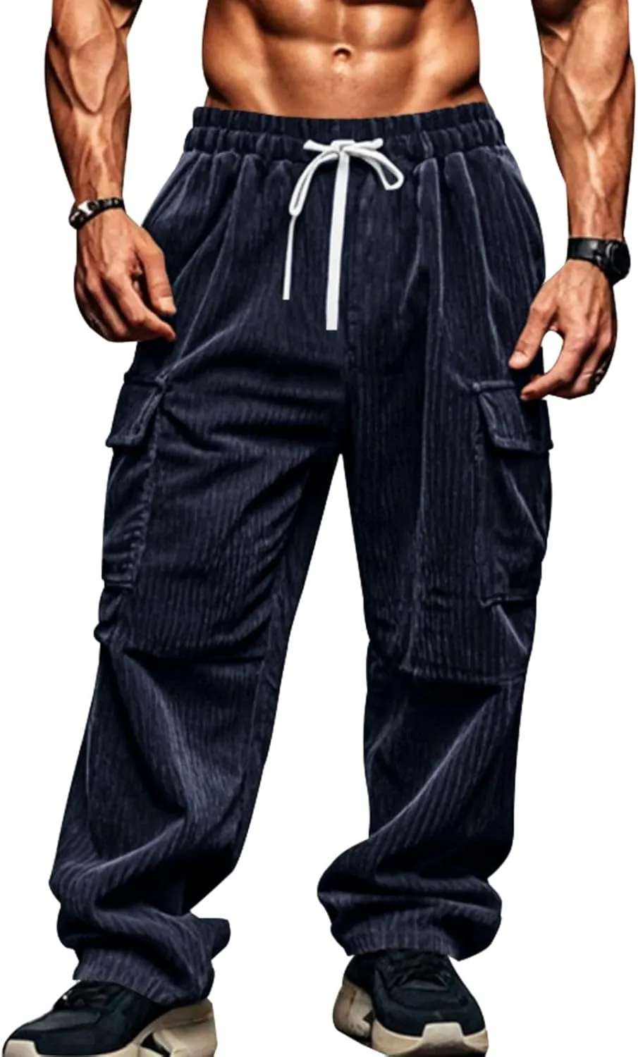 Mens Corduroy Cargo Pants Relaxed Fit Joggers Breathable Beach Pants Lightweight Elastic Drawstring Sweatpants Comfy